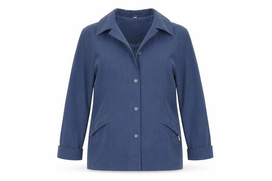 Front view of Klasse women’s blue jacket coat, size UK 16