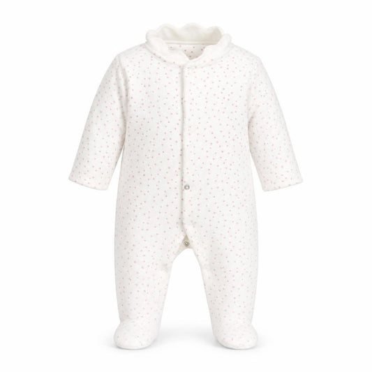 Front view of Marks & Spencer Baby White Polka Dot Coverall One-Piece, size 6-9, Months