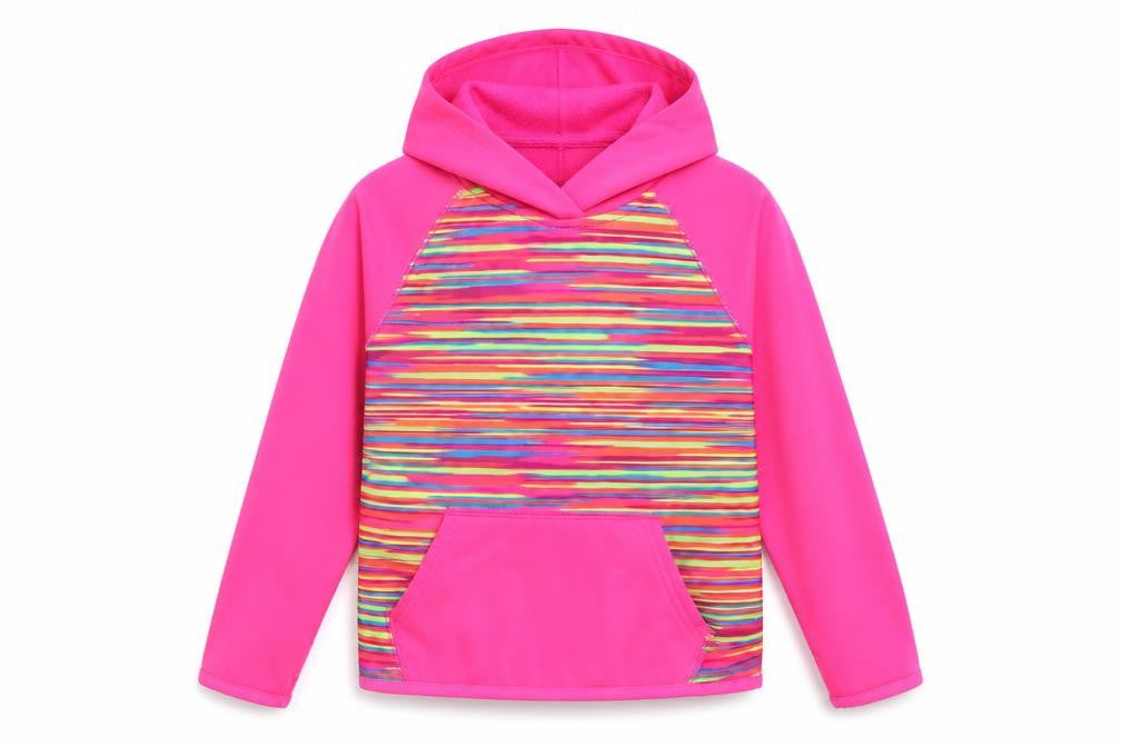 Front view of Preworn girls’ pink striped pullover hoodie, size 6, years