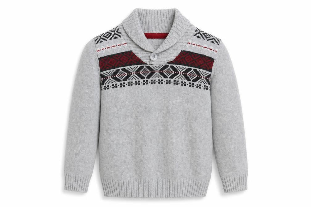 Front view of Silverlake boys’ grey argyle/diamond jumper, size S