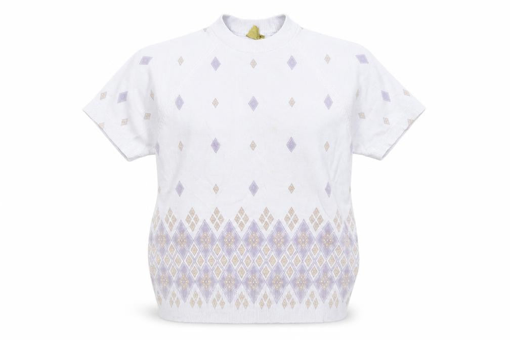 Front view of COURTELLA women’s blue geometric jumper, size UK 8