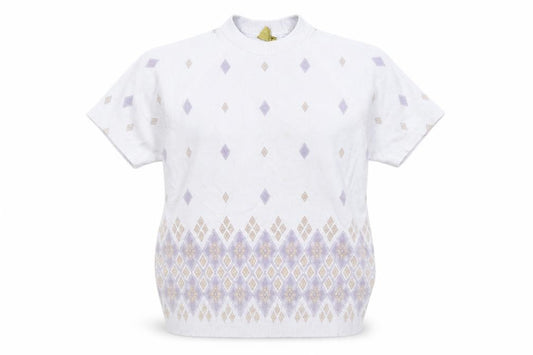 Front view of COURTELLA women’s blue geometric jumper, size UK 8