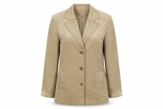 Front view of Eleganz women’s brown corduroy jacket blazer, size UK 12