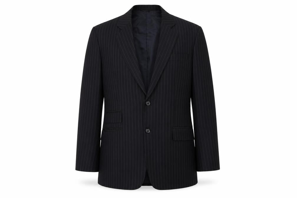 Front view of Preworn men’s black striped jacket suit jacket, size 40