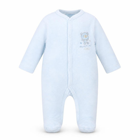 Front view of Just too cute Baby Blue Striped Babygrow One-Piece, size 3-6, Months