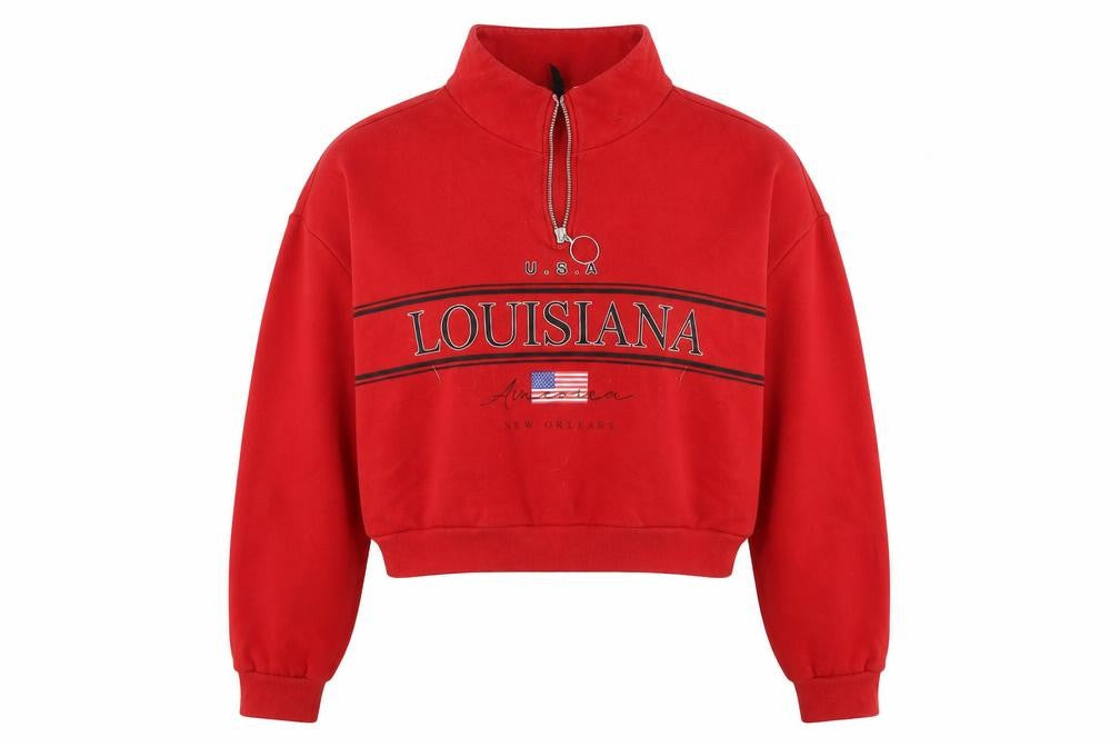 Front view of H&M women’s red pullover sweatshirt, size L