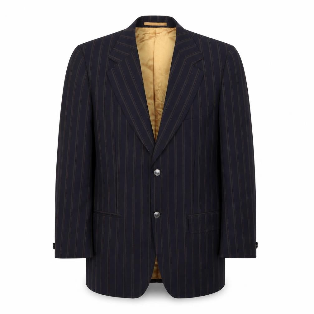 Front view of Carnaby Classics men’s black striped jacket suit, size 40