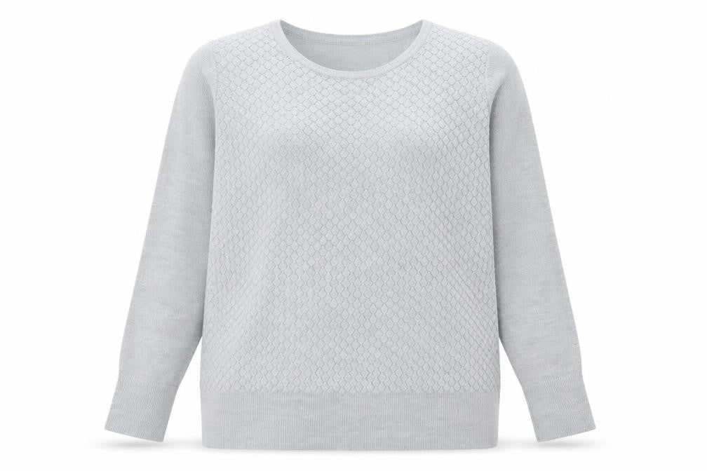 Front view of Per Una women’s grey knit jumper, size UK 14