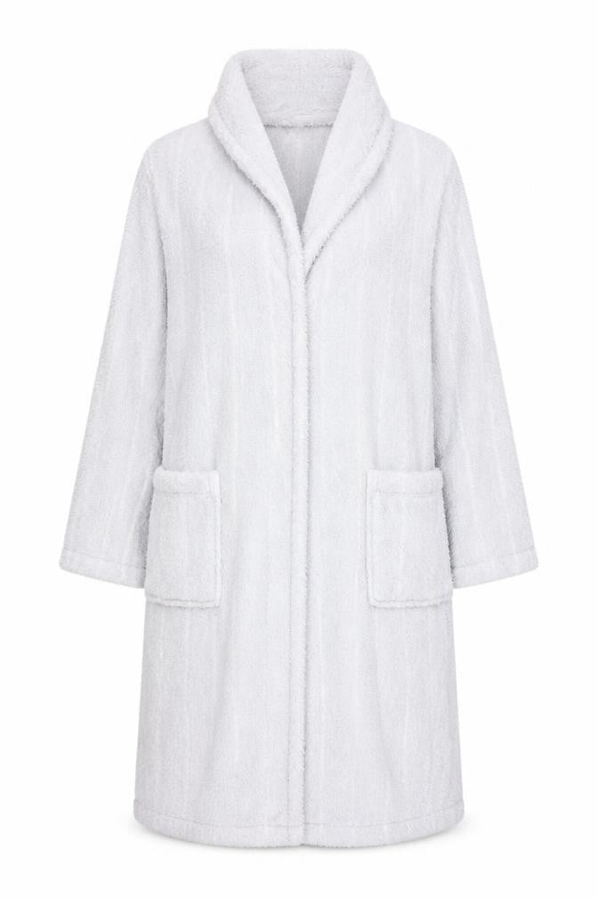 Front view of Per Una women’s pink striped chemise robe, size M