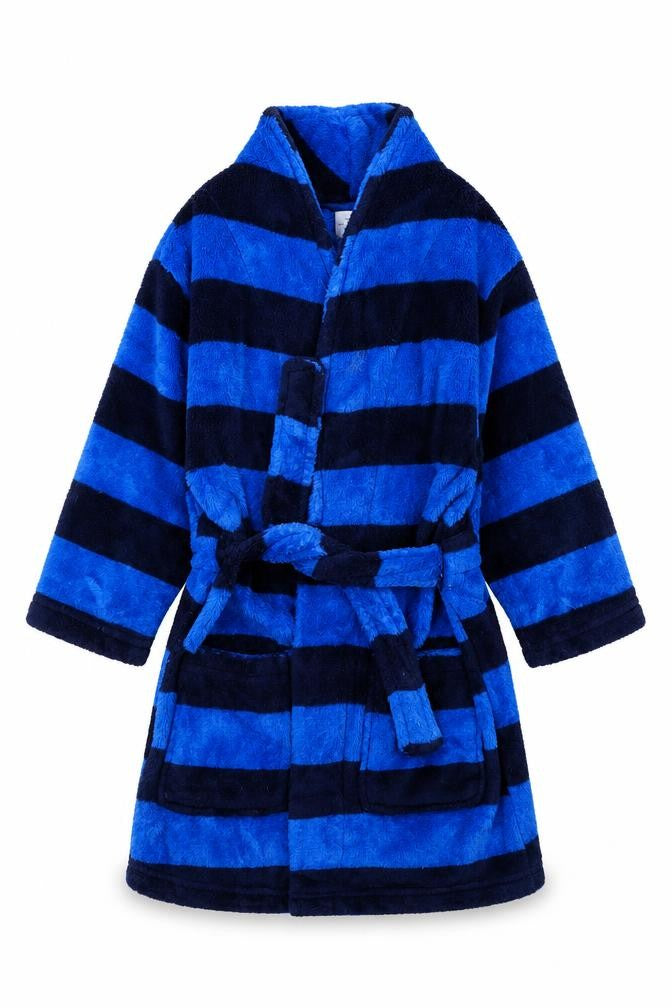Front view of Tu boys’ blue striped robe, size 2-3, years