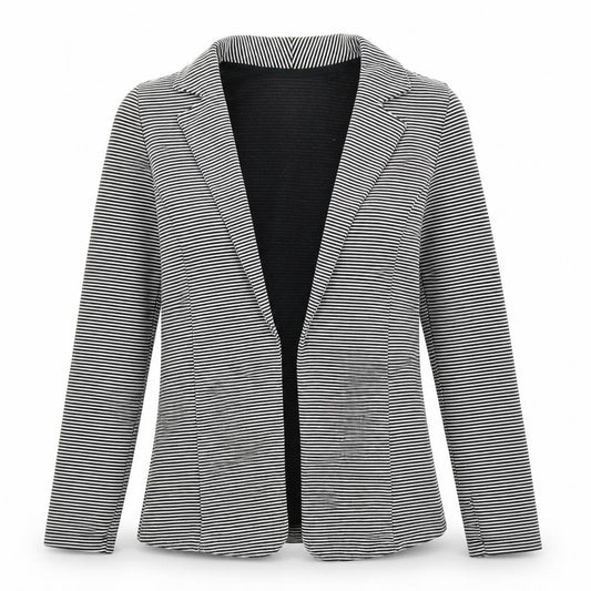Front view of Next women’s black striped jacket blazer, size UK 10