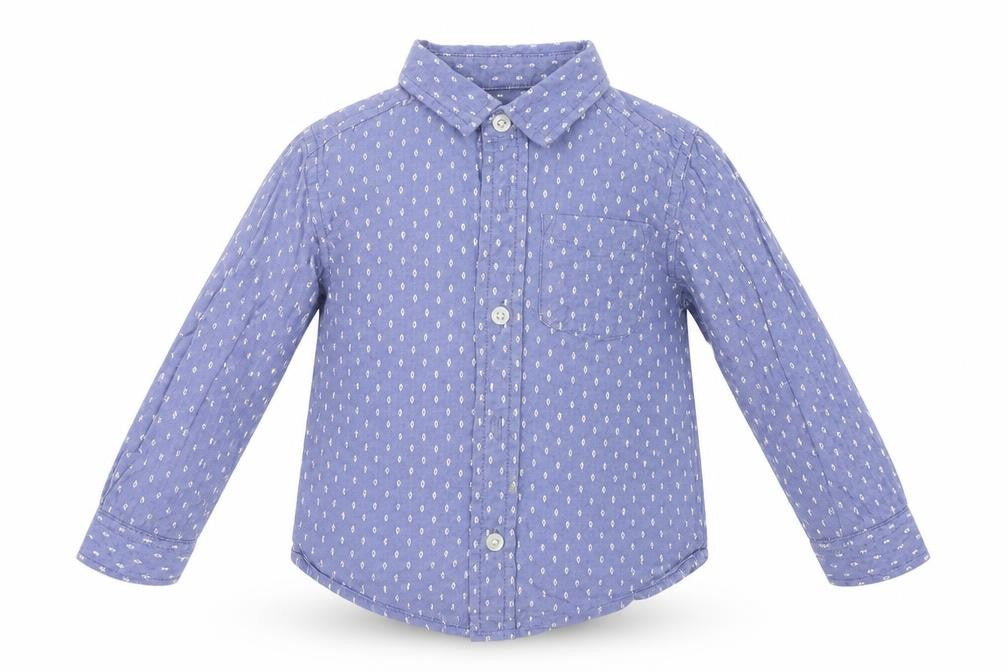 Front view of The Children's Place boys’ blue geometric basic button-up, size 2, years