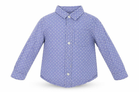 Front view of The Children's Place boys’ blue geometric basic button-up, size 2, years