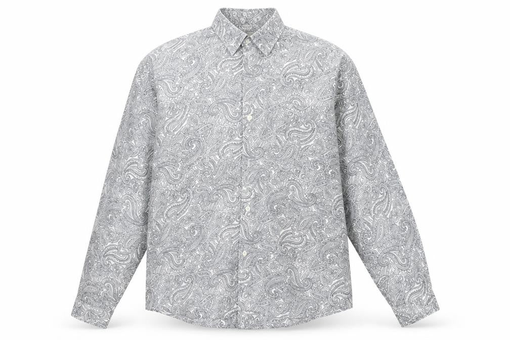 Front view of WATCHOUT men’s grey geometric button-up, size L