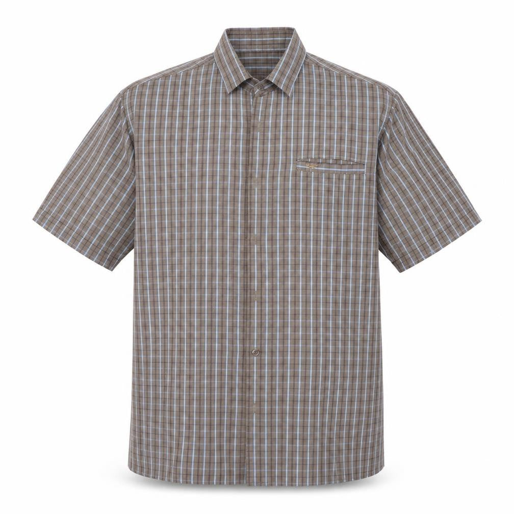 Front view of Wosley men’s brown polka dot button-up, size L