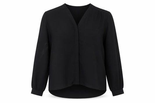 Front view of ASOS women’s black basic blouse, size UK 14