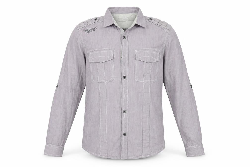 Front view of Burton men’s purple button-up, size S