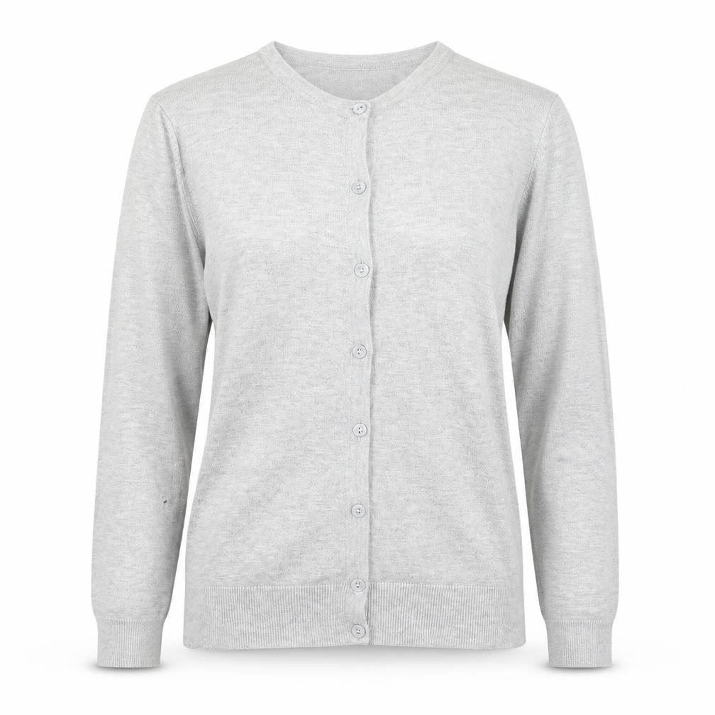 Front view of Collection women’s grey cardigan jumper, size UK 12