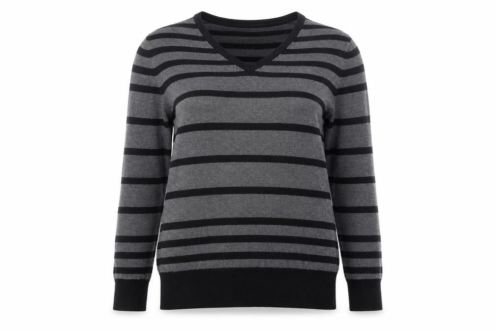 Front view of Petite Collection women’s grey striped jumper, size UK 18
