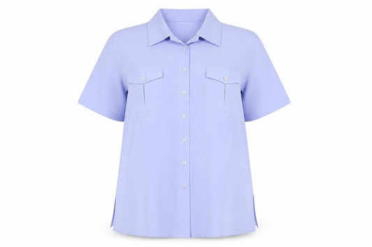Front view of Lauren Duvar women’s blue basic button-up, size UK 16