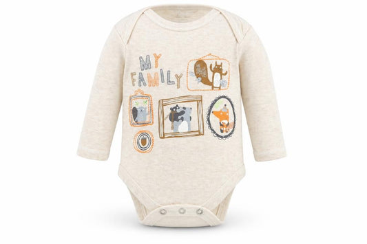 Front view of Nutmeg Baby Beige Babygrow One-Piece, size 0-3, Months