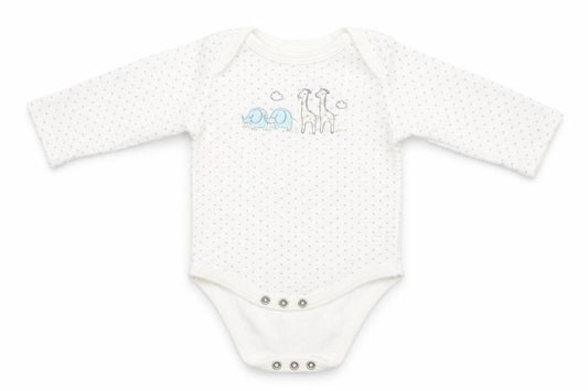 Front view of kyle & deena Baby White Polka Dot Babygrow One-Piece, size 3-6, Months