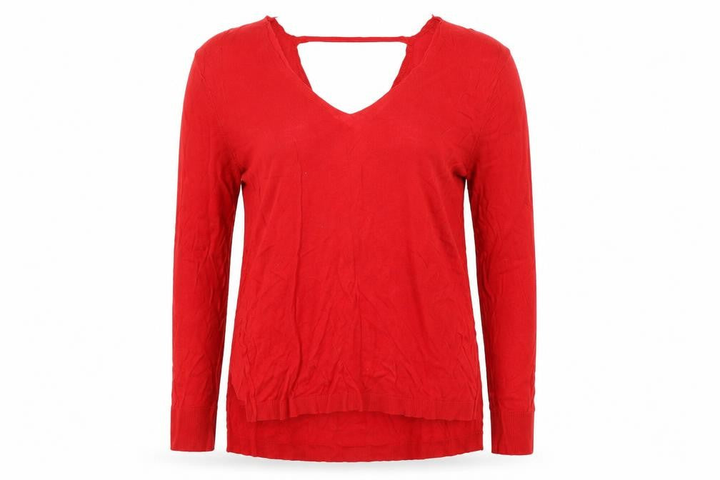 Front view of Peacocks women’s red knit pullover sweatshirt, size UK 16