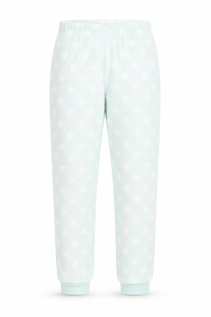Front view of Primark girls’ green polka dot pyjama pants, size 7-8, years