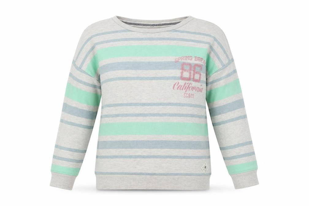 Front view of SoulCal women’s grey striped pullover sweatshirt, size S
