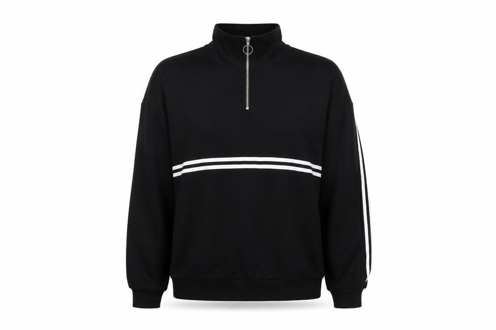 Front view of DF You women’s black striped pullover sweatshirt, size S