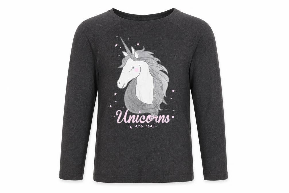 Front view of Primark girls’ grey top pyjama top, size 12, years - unicorn