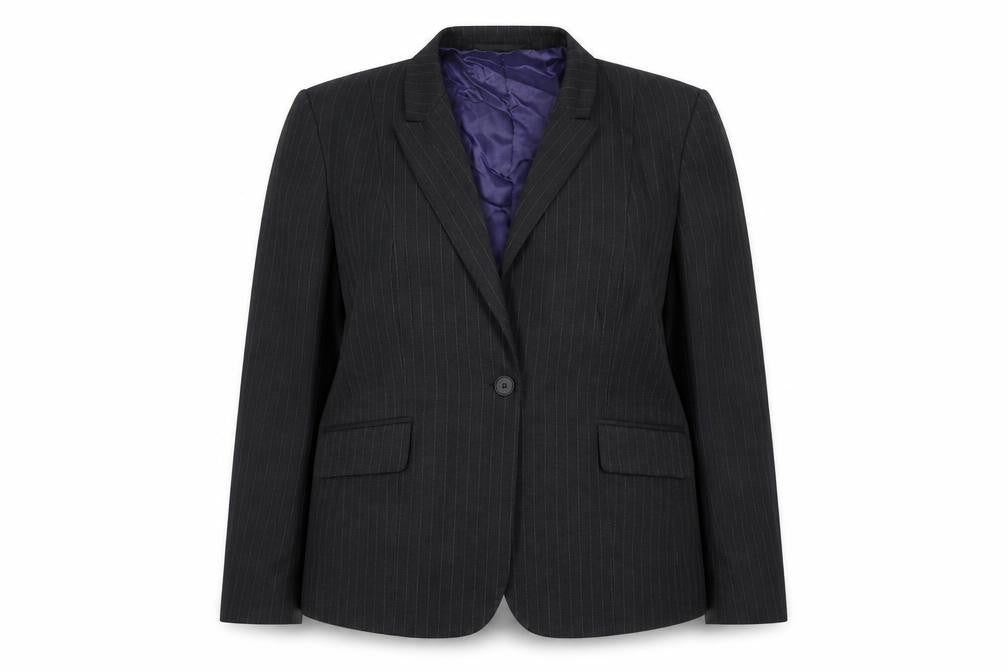 Front view of Preworn women’s grey striped jacket blazer, size UK 18