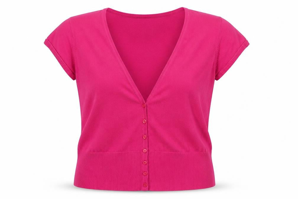 Front view of M&Oo women’s pink cardigan jumper, size M