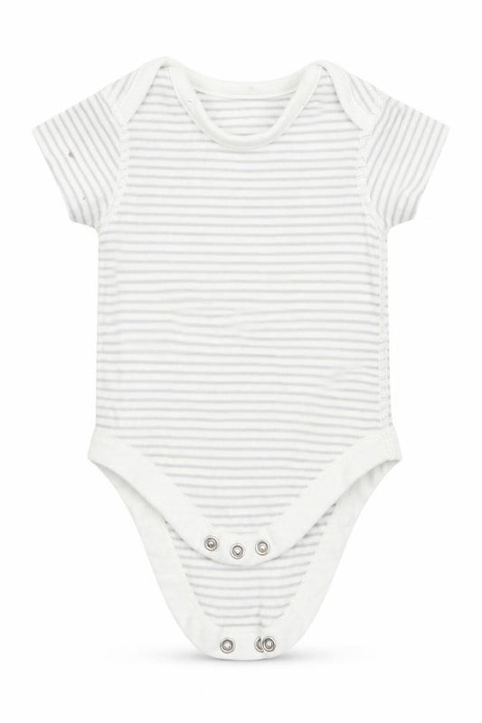Front view of Marks & Spencer boys’ grey striped romper one-piece, size 0-3, months