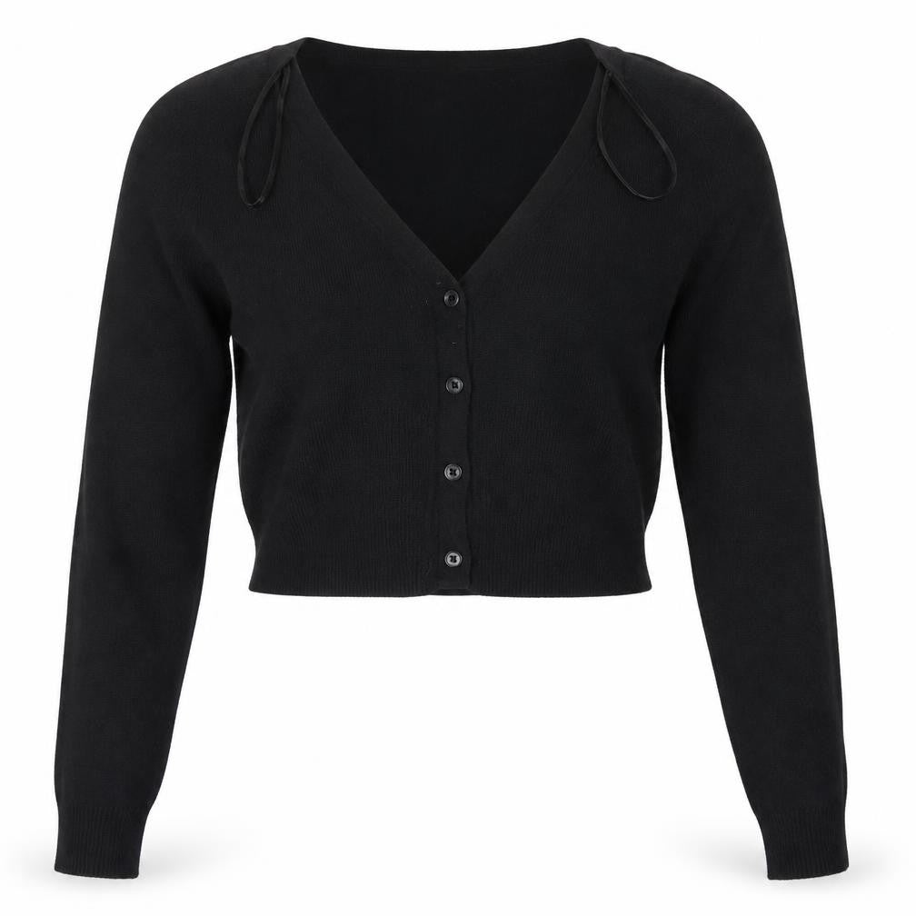 Front view of MK women’s black cardigan jumper, size UK 16