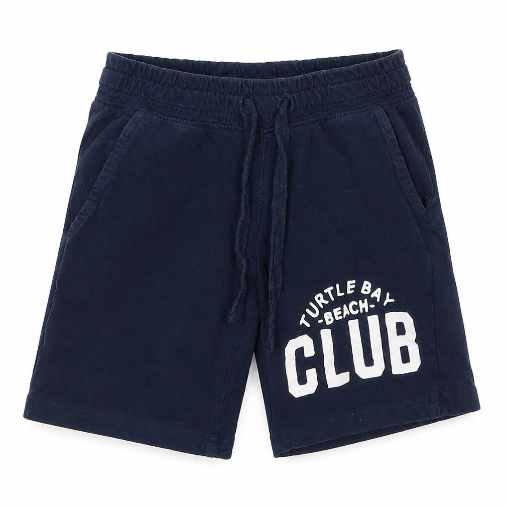 Front view of H&M boys’ blue sweat shorts, size 2, years - turtle beach club