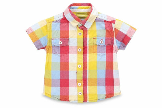 Front view of Mini Club boys’ multicoloured check basic button-up, size 3-6, months