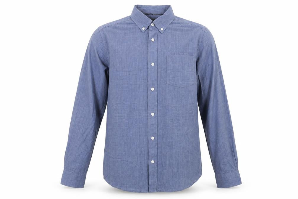 Front view of Maine New England men’s blue button-up, size M