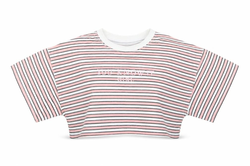 Front view of Missguided women’s pink striped cropped t-shirt, size UK 8