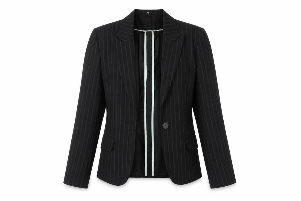 Front view of New Look women’s black striped jacket blazer, size UK 12