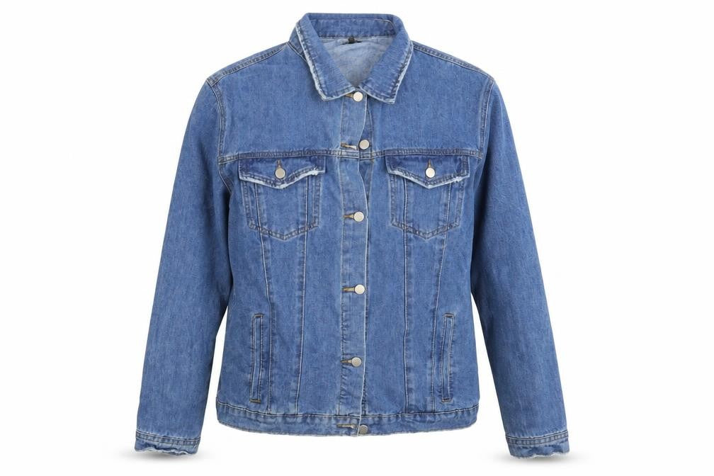 Front view of Nasty Gal women’s blue denim jacket coat, size S
