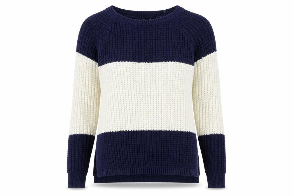 Front view of Gap women’s blue striped knit jumper, size S
