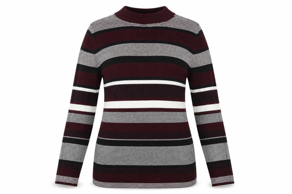 Front view of New Look women’s purple striped knit jumper, size UK 12
