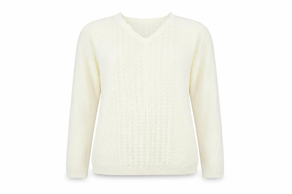 Front view of isle women’s beige knit jumper, size UK 14