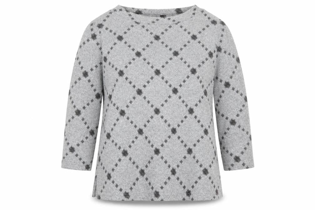 Front view of Marks & Spencer women’s grey argyle/diamond jumper, size UK 12