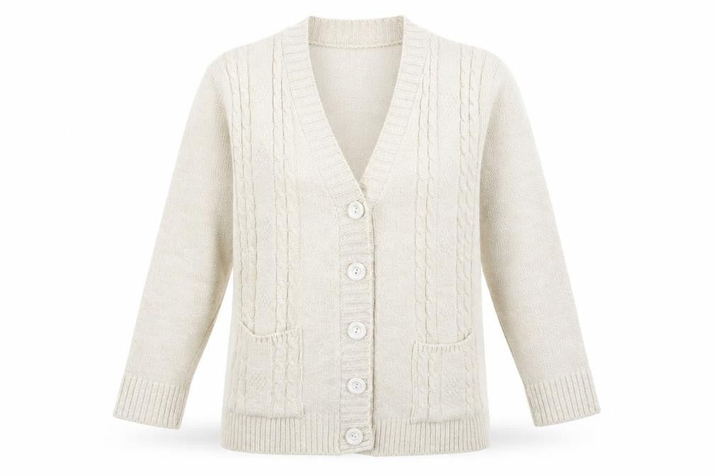 Front view of Classic Image women’s beige cardigan jumper, size S