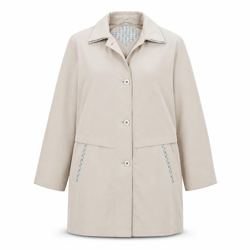 Front view of Evans women’s beige overcoat coat, size UK 14
