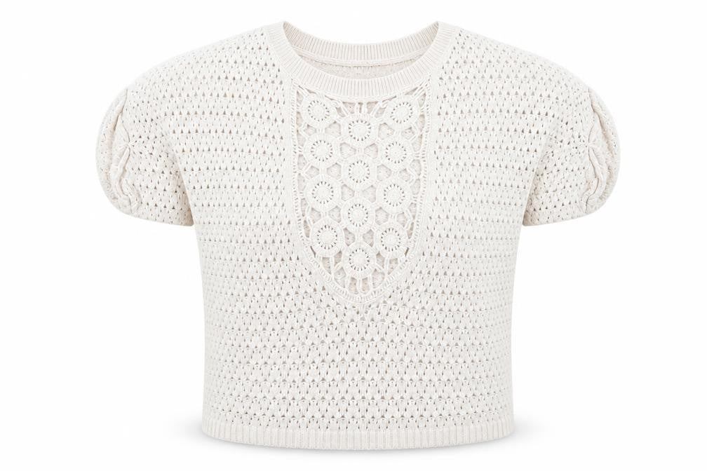 Front view of River Island women’s beige geometric jumper, size UK 8
