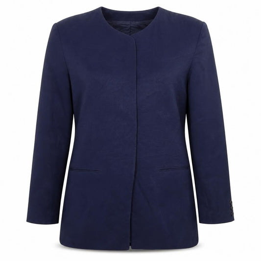 Front view of Susan Woolfe women’s blue jacket blazer, size UK 12
