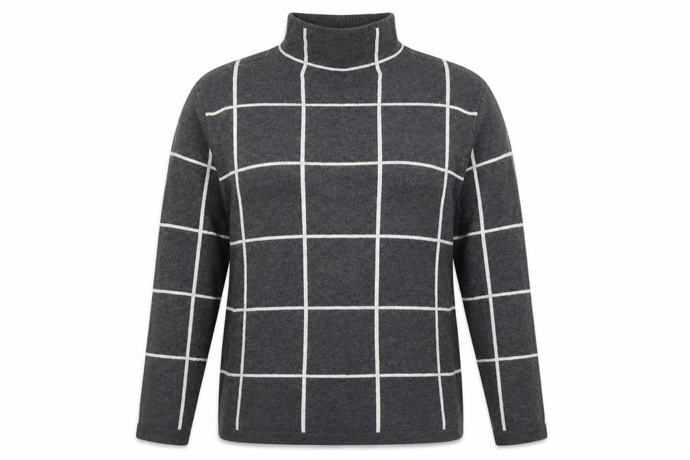 Front view of Warehouse women’s grey check knit jumper, size UK 6